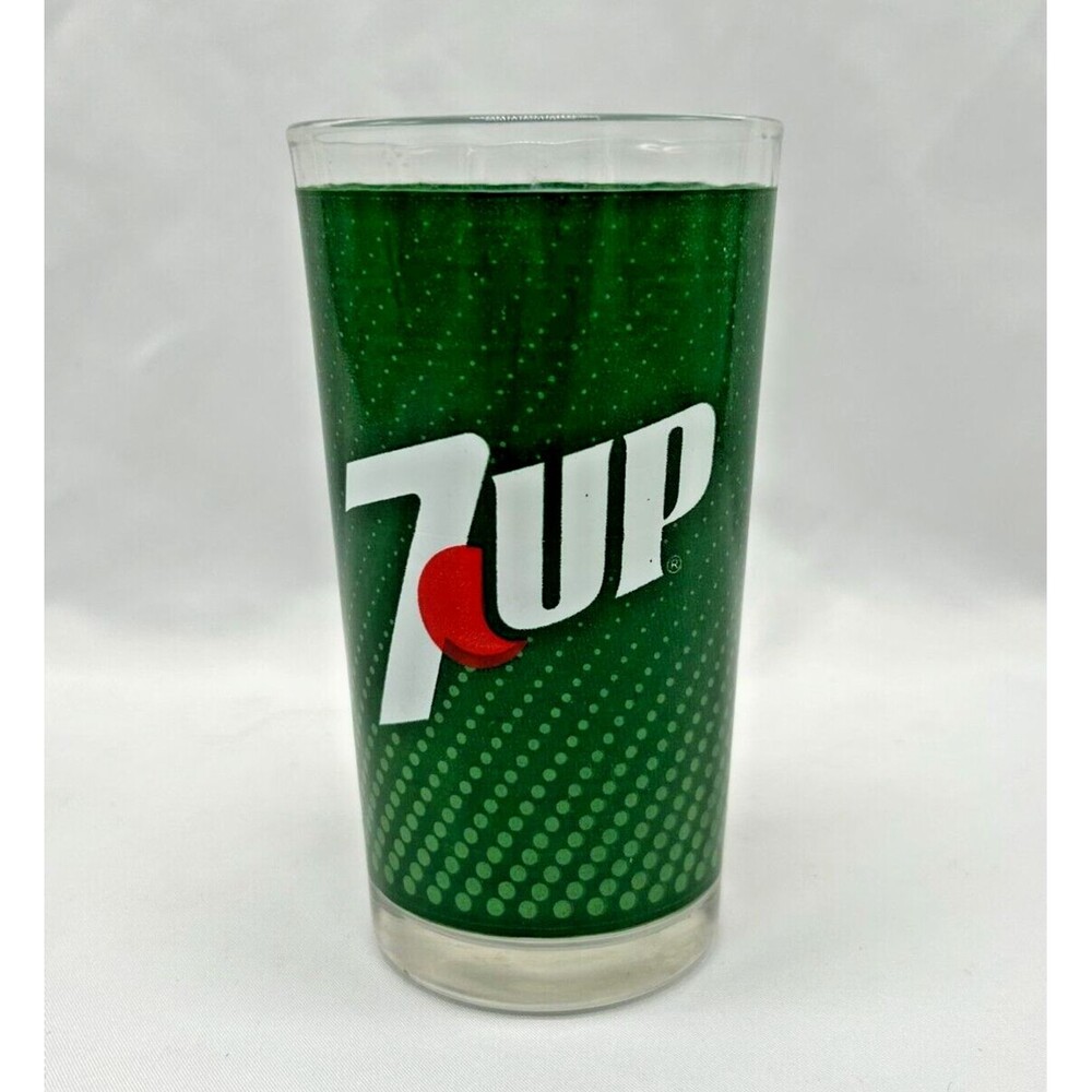 VINTAGE 1980s 7-Up Green Logo 5" Drinking Glass Tumbler w Red Dot ~ The Uncola